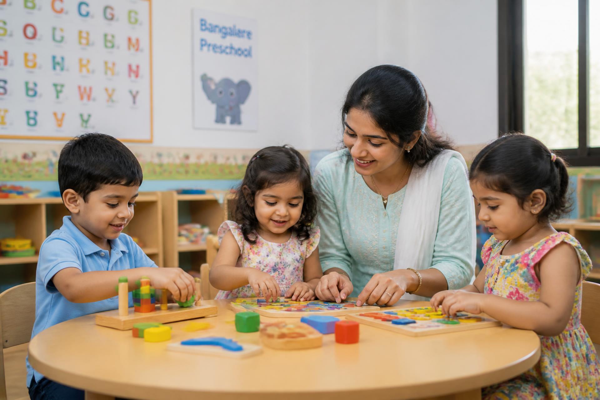 Children learning happily in a bright modern preschool classroom