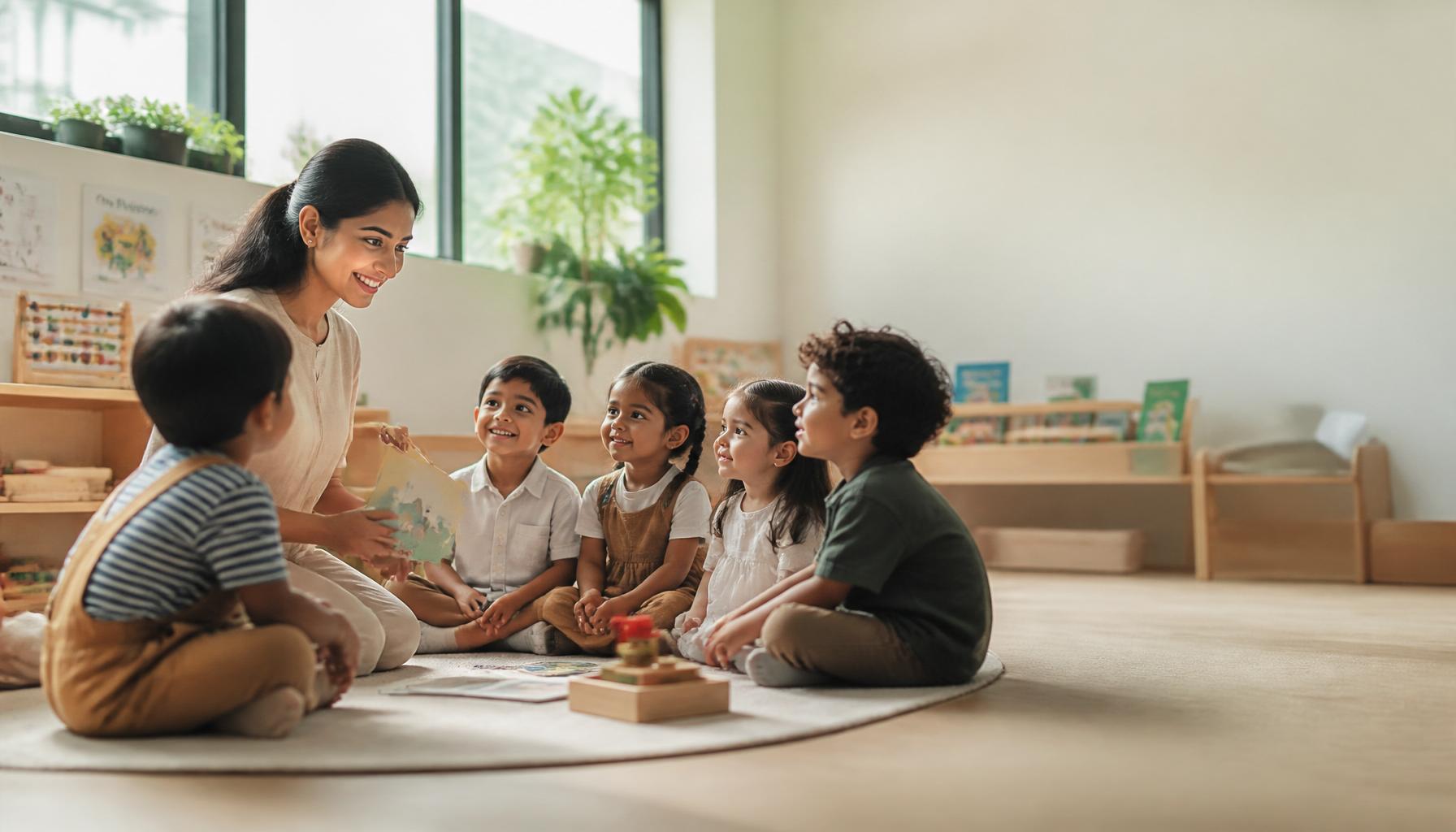 Children learning happily in a bright modern preschool classroom